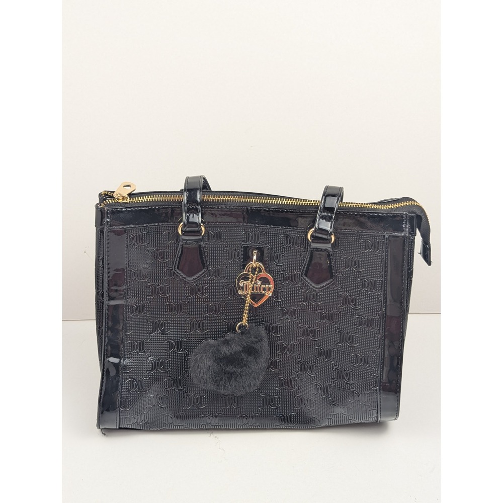 Juicy‎ Couture Black Embossed Logo Patent Leather Satchel Shoulder Bag Charm